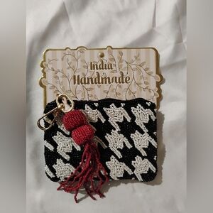 Black & White Beaded Coin Purse with Red Tassel -